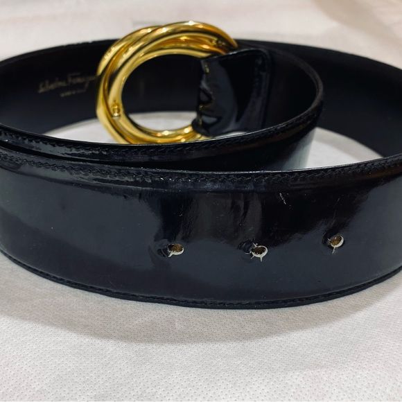 Salvatore Ferragamo Black Wide Enamel Leather Belt with Gold-Tone Trinity Buckle main image 5